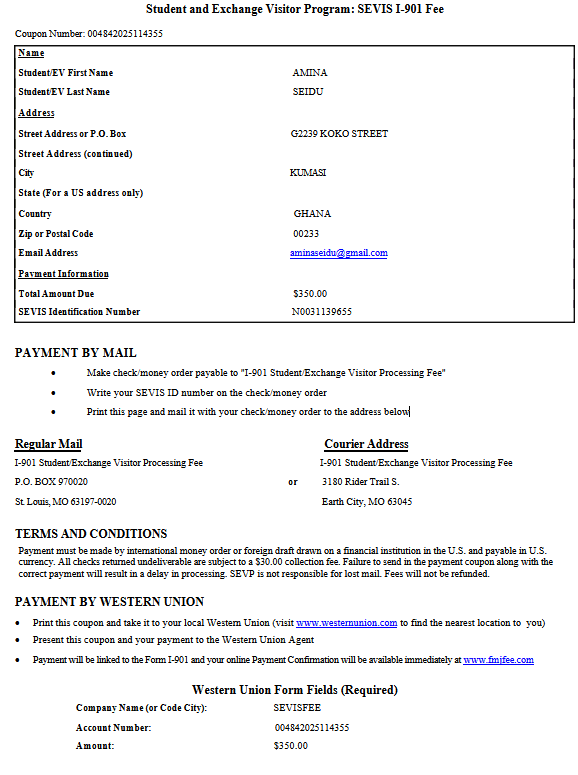 Sample of a filled I-901 Payment Coupon